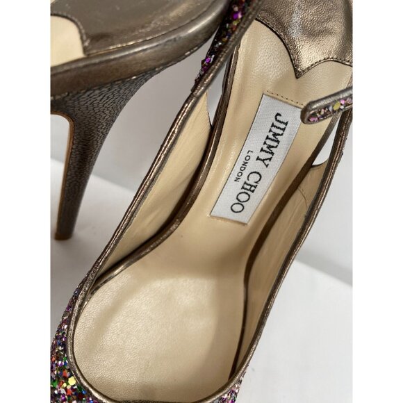 Jimmy Choo CLUE Glitter Gold Slingback Platform Open Toe Sandals Shoes Sz 38.5 - Picture 3 of 16